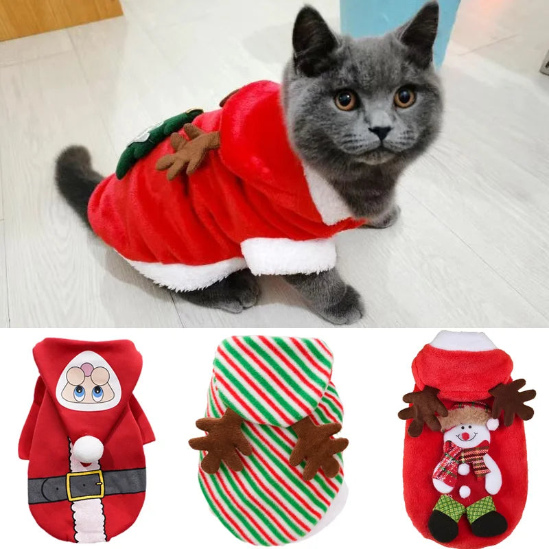 Christmas Cat Hooded Sweater – Warm Winter Pet Costume