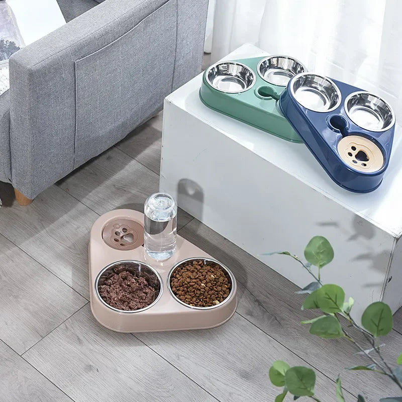 Dog & Cat Self-Service Feeder with Double Bowls and Water Bottle