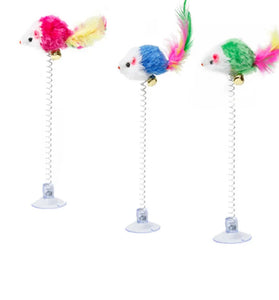 Swinging Mouse Toy - Suction Cup, Spring, and Feather with Bell Sound