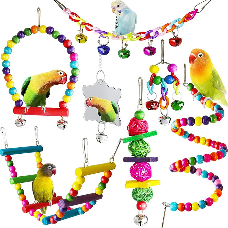 7-Piece Parrot Toy Set – Swing, Suspension Bridge, Ball, Bells, and Cage Accessories