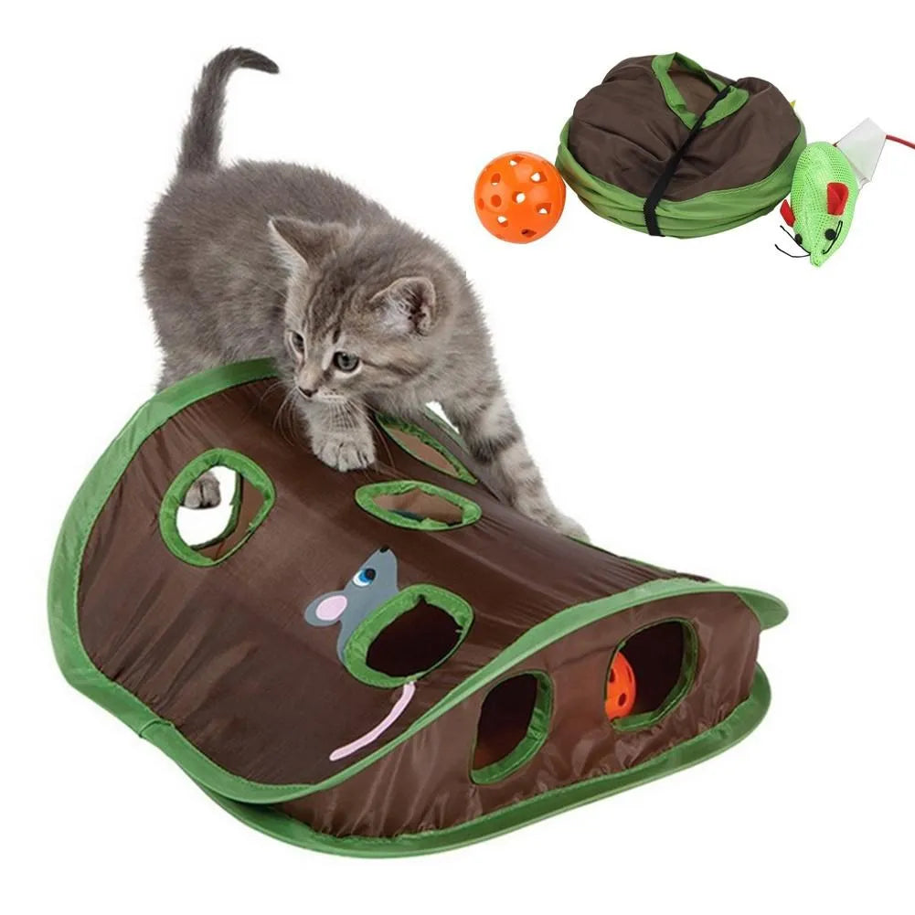 Cute Cat Interactive Hide & Seek Game - 9-Hole Tunnel Mouse Hunt Toy