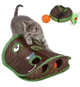 Cute Cat Interactive Hide & Seek Game - 9-Hole Tunnel Mouse Hunt Toy