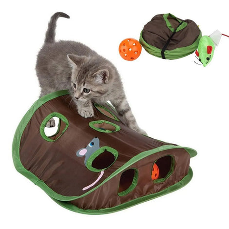 Cute Cat Interactive Hide & Seek Game - 9-Hole Tunnel Mouse Hunt Toy