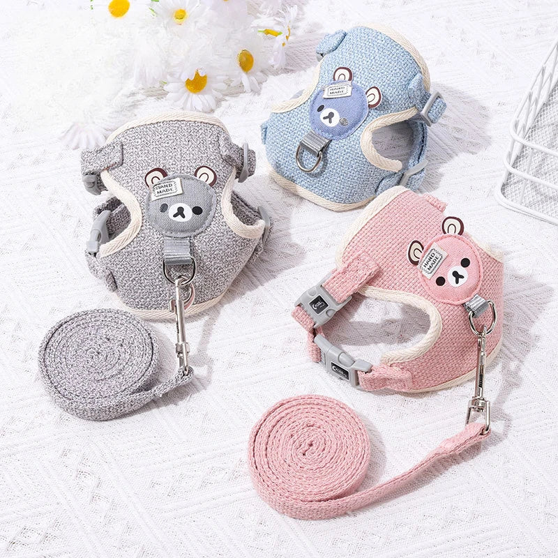 Small Cat and Dog Harness Leash Set - Breathable and Escape-Proof with Cute Cartoon Bear Design
