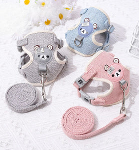Small Cat and Dog Harness Leash Set - Breathable and Escape-Proof with Cute Cartoon Bear Design