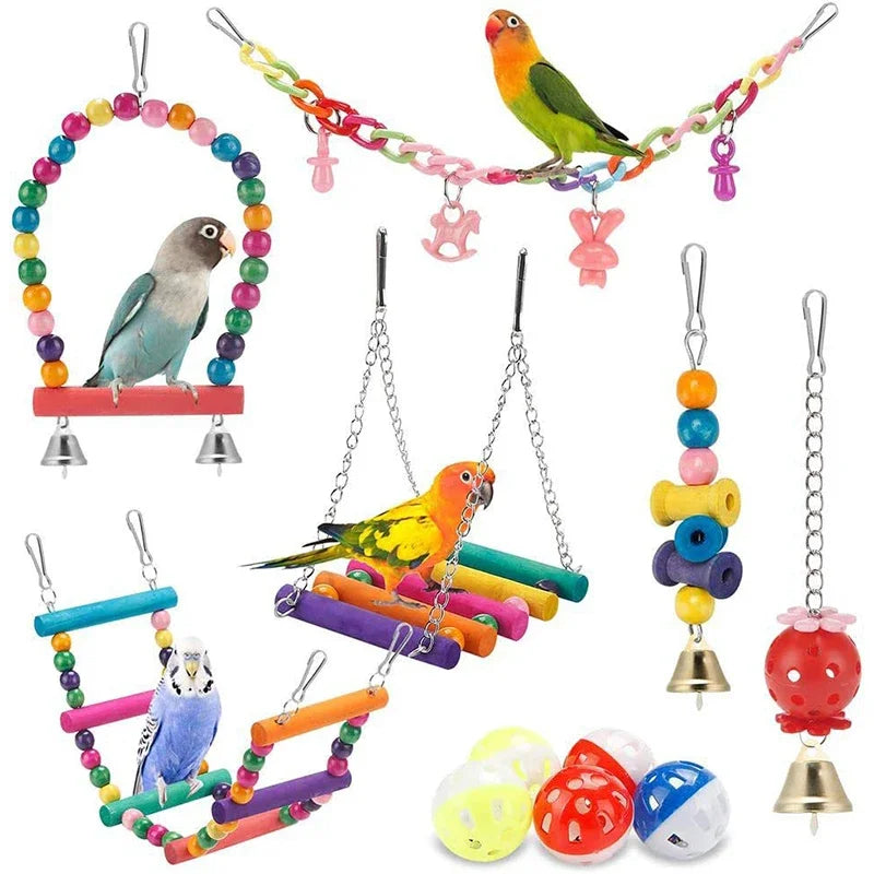 11-Piece Bird Cage Toy Set – Wood Swing, Chewable Bite Bridge, Beads, and Parrot Toys