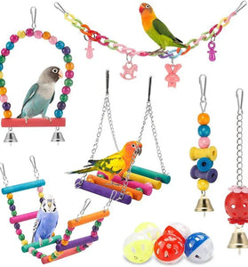 11-Piece Bird Cage Toy Set – Wood Swing, Chewable Bite Bridge, Beads, and Parrot Toys