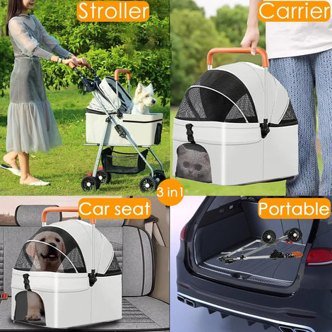 Dog Stroller with Foldable Design and Portable Food & Water Bowl Set