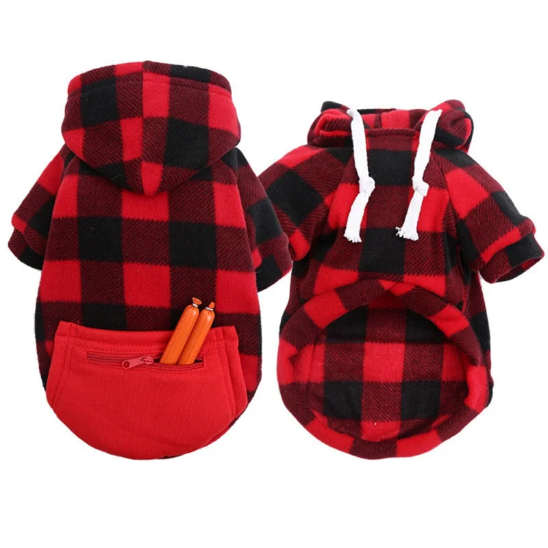 Winter Dog Hoodie - Warm Plaid Jacket with Pocket for Small to Large Dogs