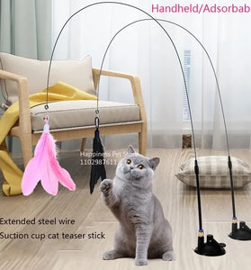 Cat Teaser Stick with Bell & Suction Cup - Durable Feather Toy