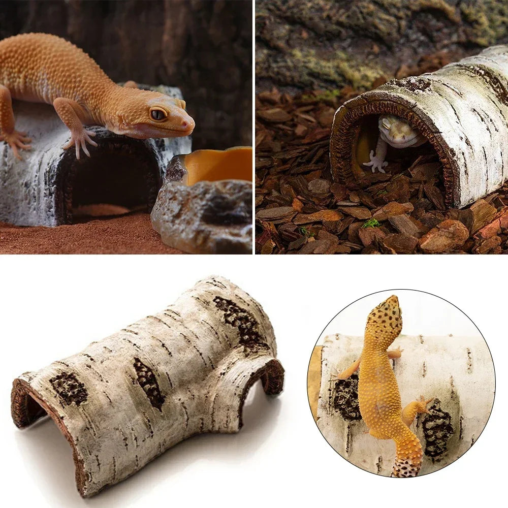 Lizard & Turtle Hide Cave – Resin Tree Bark Shelter for Reptile Habitat and Aquarium Decor