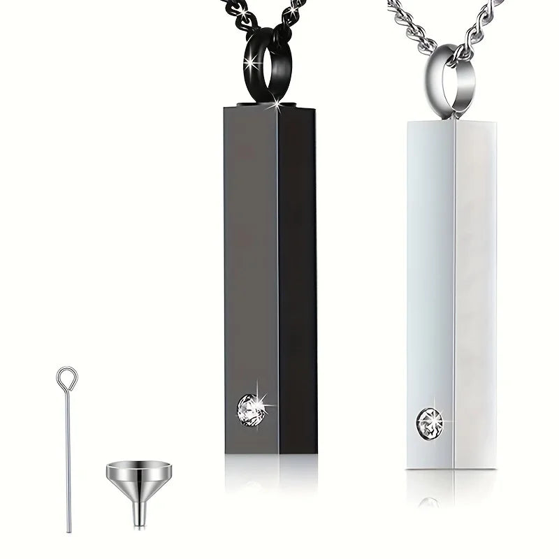 Stainless Steel Memorial Bar Pendant – Ashes Keepsake Necklace for Men & Women